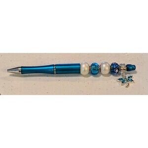 Beaded Pen - Blue, White with Dangle, Beaded, Gift Idea, NEW